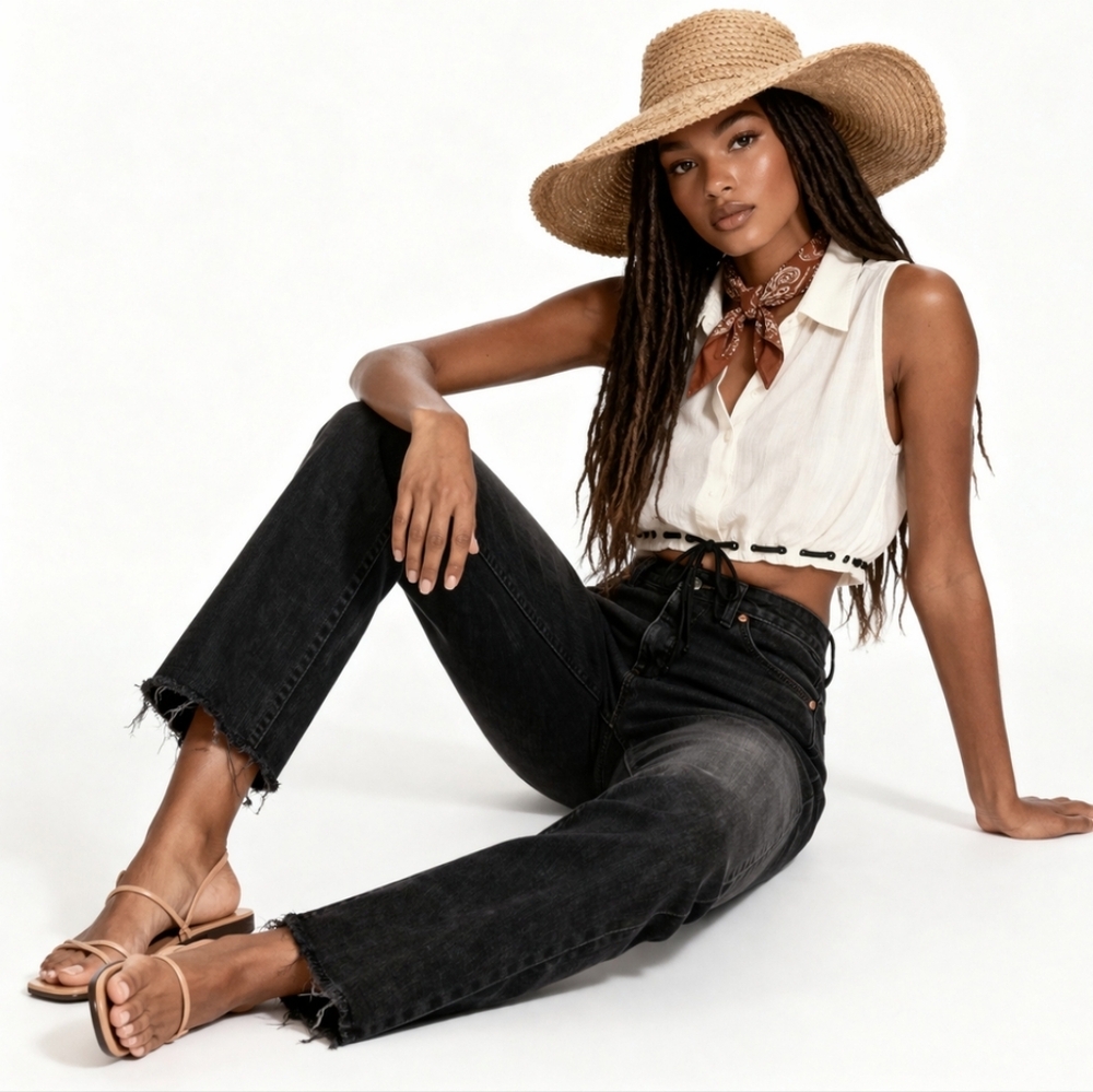 RE/DONE Ultra High Rise Straight Washed Noir Raw Hem Size 25   J1875